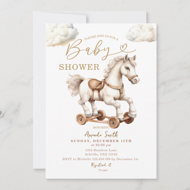 Invitation Baby shower Neutre Sexe du Cheval Blanc Rocse (Devant)