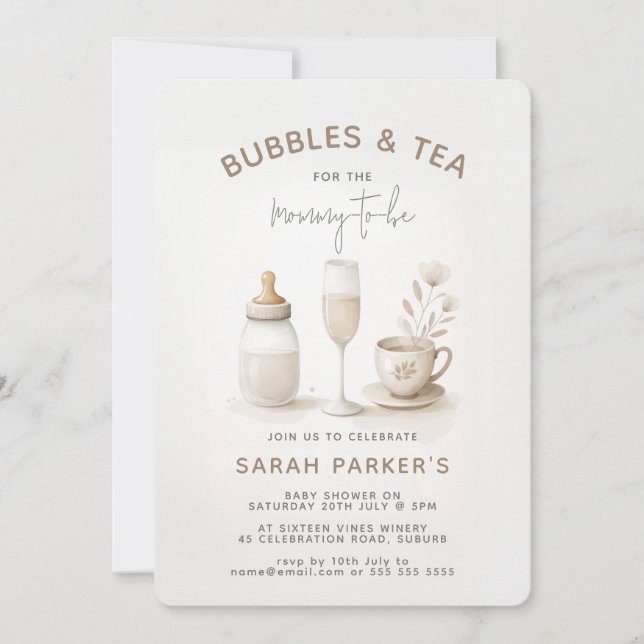 Invitation Baby Shower Neutre Thé & Champagne (Devant)