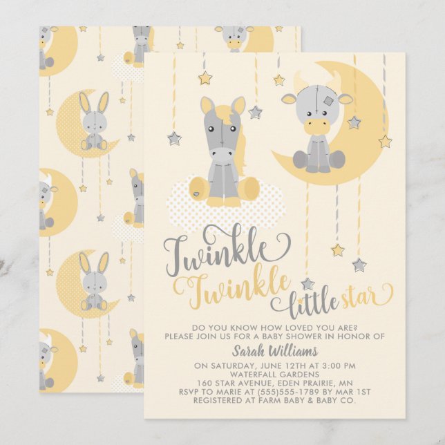Invitation Baby shower Neutre Twinkle Little Star Animaux (Devant / Derrière)