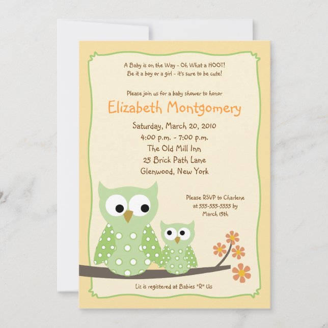 Invitation BABY SHOWER Neutre Vert HOOT OWLS 5x7 (Devant)