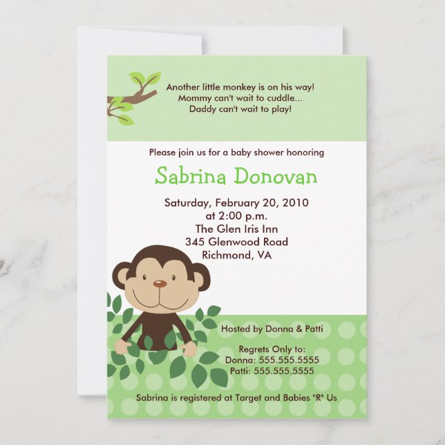 Invitation BABY SHOWER neutre vert singe MONKAROONI (Devant)