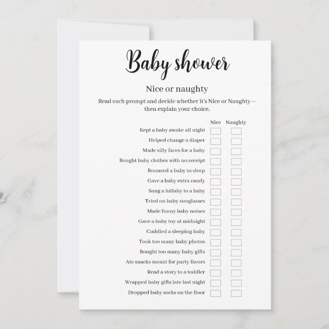 Invitation Baby Shower Nice or Naughty Game, Funny Game, (Devant)