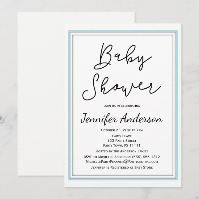 Invitation Baby shower noir blanc bleu simple et propre (Devant / Derrière)