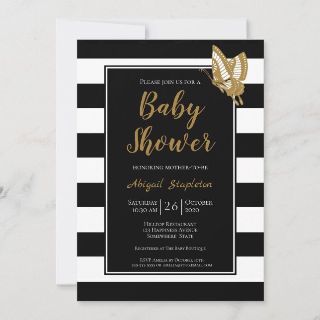 Invitation Baby shower noir blanc et or (Devant)