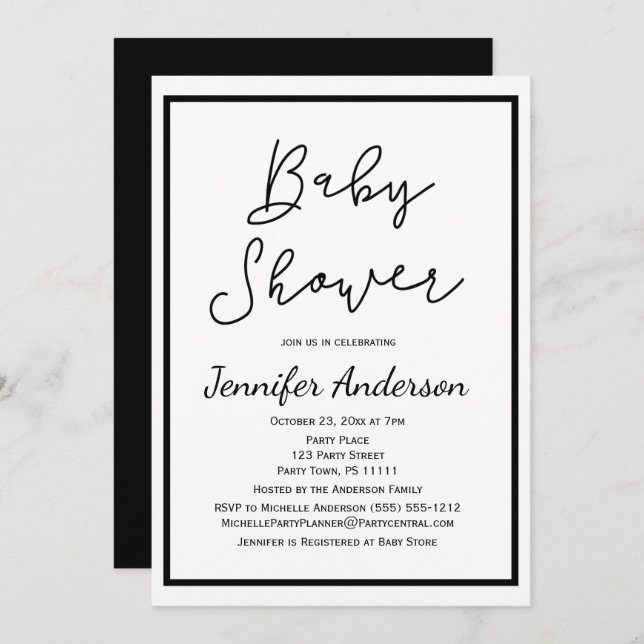 Invitation Baby shower noir blanc neutre pour un sexe simple (Devant / Derrière)