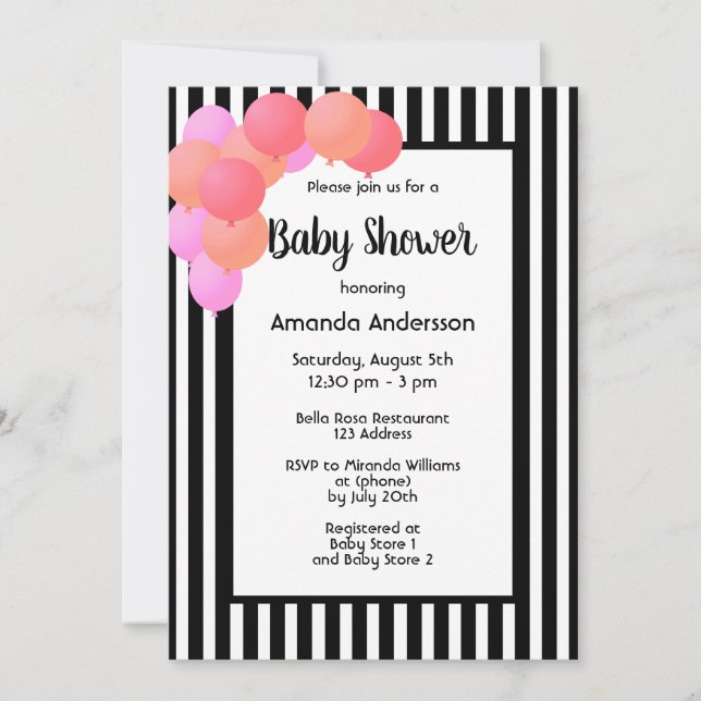 Invitation Baby shower noir blanc rayures ballon arc rose (Devant)