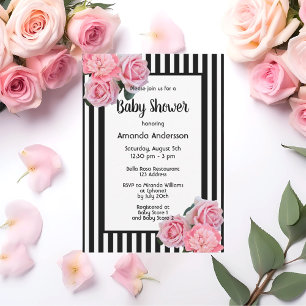 Invitation Baby shower noir blanc rayures rose fleurs