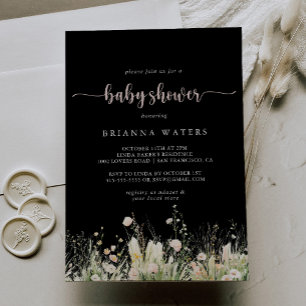Invitation Baby shower noir Boho Fleur sauvage vert