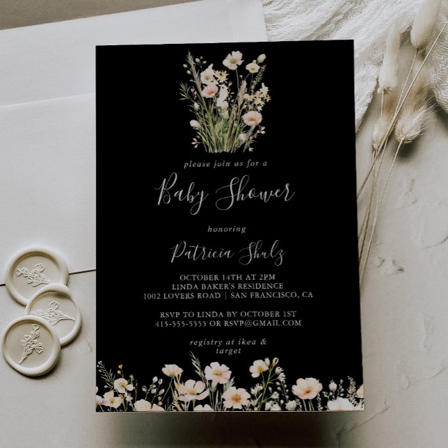 Invitation Baby shower noir classique Boho Blush Fleur sauvag (Créateur téléchargé)
