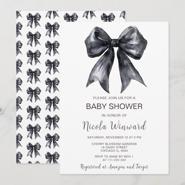 Invitation Baby shower noir Coquette Bow (Devant / Derrière)