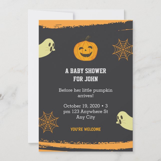 Invitation Baby shower noir du Citrouille d'Halloween Little  (Devant)