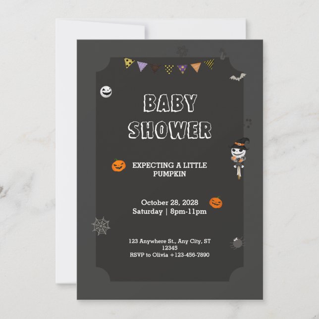 Invitation Baby shower noir Éffrayant Halloween Little citrou (Devant)