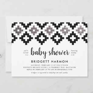 Invitation Baby shower noir et blanc Boho Aztec