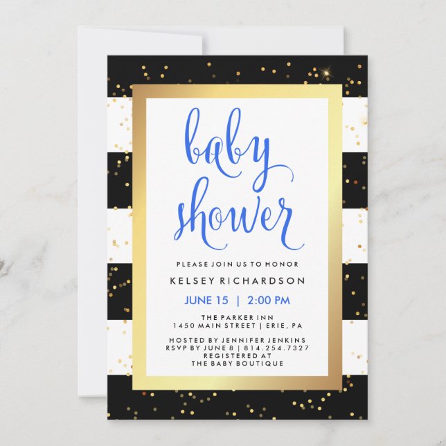 Invitation Baby shower noir et blanc de rayures d'or avec le (Devant)