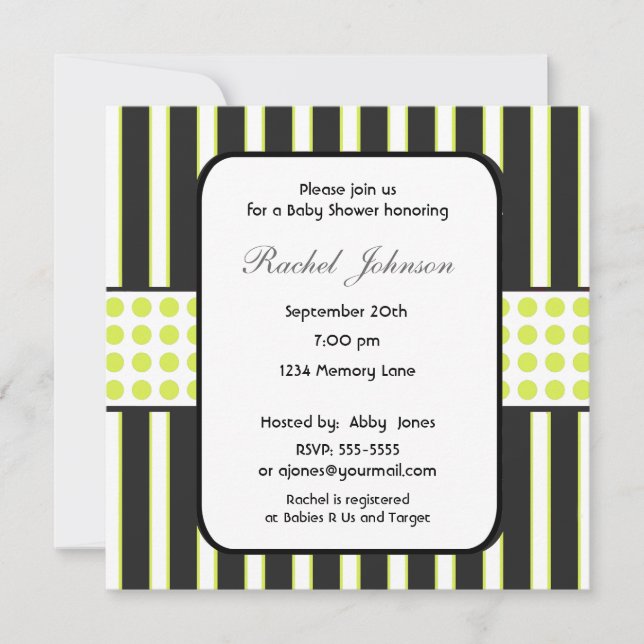 Invitation Baby shower noir et blanc et vert Invit de rayure (Devant)