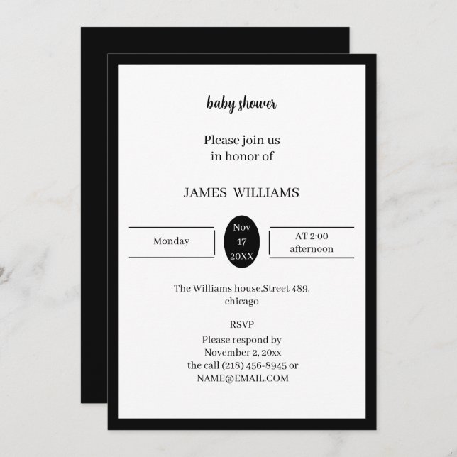 Invitation Baby shower Noir Et Blanc Simple Personnalisé (Devant / Derrière)