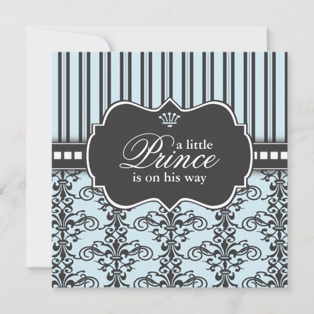 Invitation Baby shower noir et bleu de Prince Damask & Stripe (Devant)
