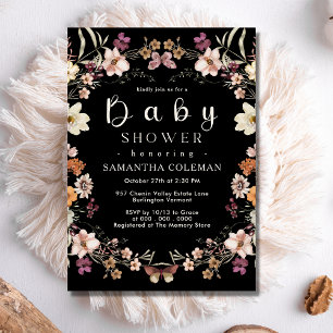 Invitation Baby shower noir Fleur sauvage Boho Pastel moderne