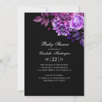 Baby shower noir. Fleurs pourpres d'aquarelle