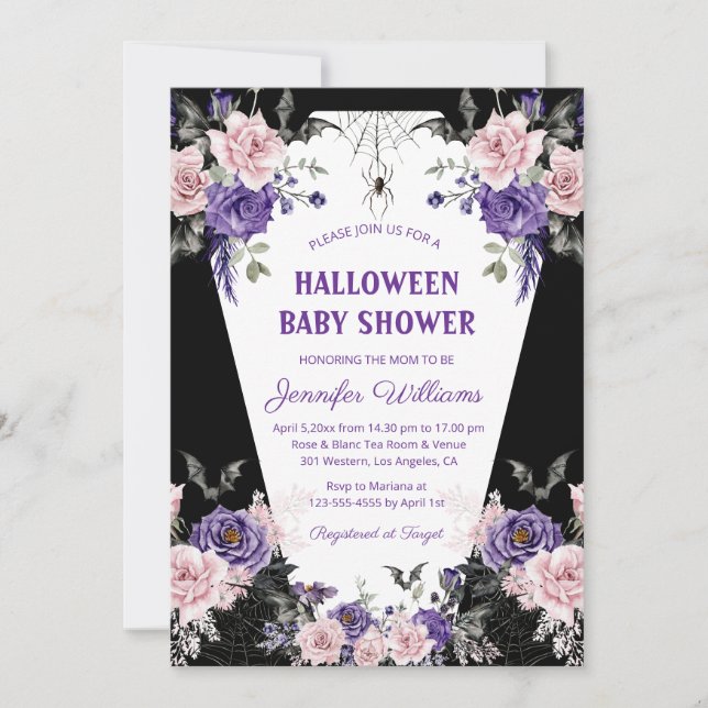 Invitation baby shower noir gothique rose halloween (Devant)