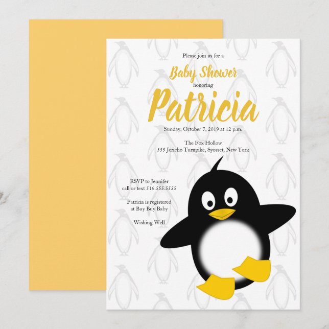 Invitation Baby shower noir jaune pingouin bébé (Devant / Derrière)