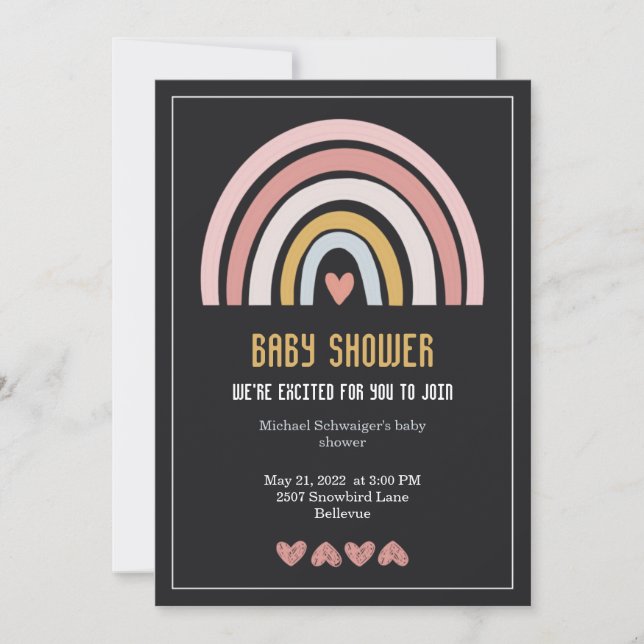 Invitation Baby shower noir neutre pour le genre arc-en-ciel  (Devant)