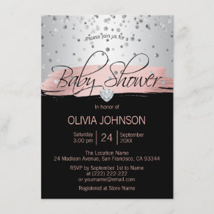 Invitation Baby shower noir rose argenté personnalisé de