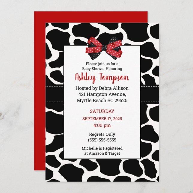Invitation Baby shower noir rouge pour vache (Devant / Derrière)