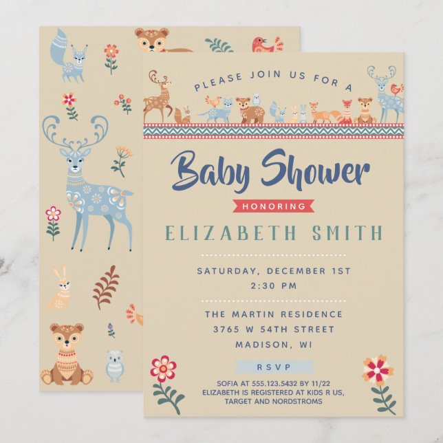 Invitation Baby shower nordique des animaux des bois (Devant / Derrière)