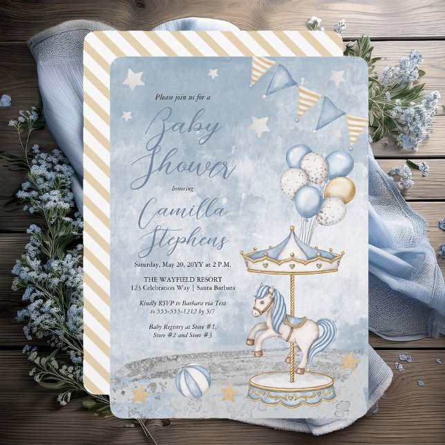 Invitation Baby shower Nostalgal Carousel Côtier (Nostalgic Coastal Carousel Themed Boy Baby Shower Invitation - Print | Digital Download)