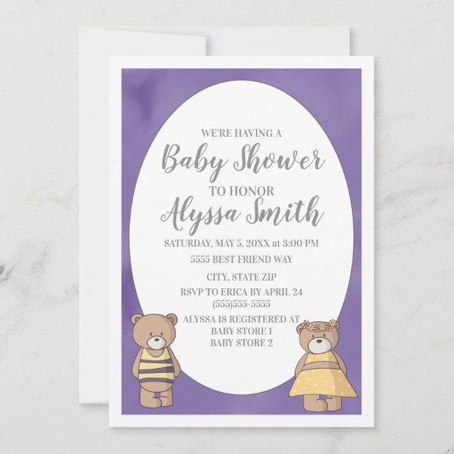 Invitation Baby shower Nounours couleur pourpre (Devant)