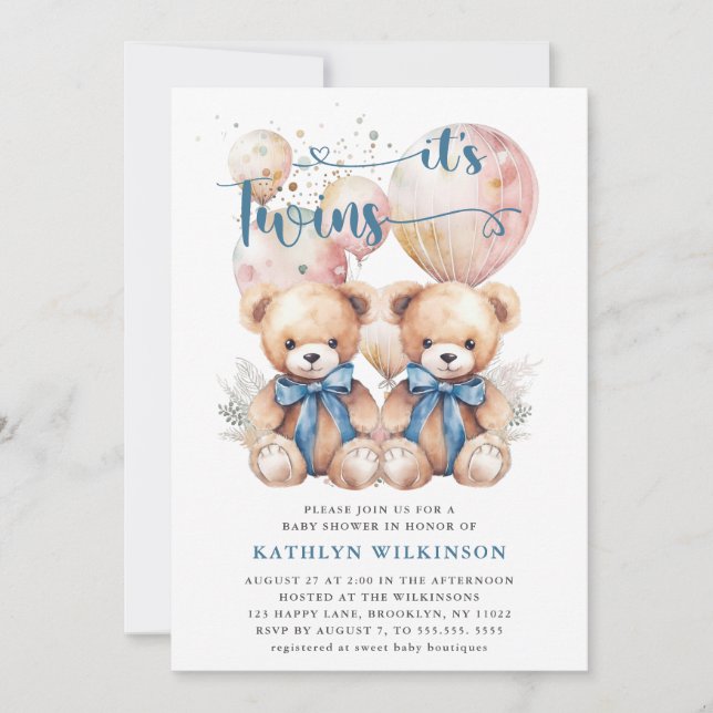 Invitation BABY SHOWER Nounours DES Ballons Bleus DOUCES (Devant)
