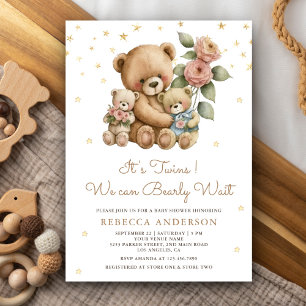 Invitation Baby shower Nounours mignonne Twins Mama et Baby