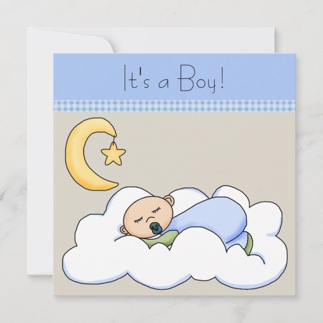 Invitation Baby Shower Nuage Bleu Beige Petit Garçon (Devant)