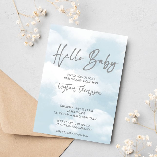 Invitation Baby shower nuage pastel gris nuages baby shower (Cloud baby shower invitation template instant download pastel grey clouds modern casual script)