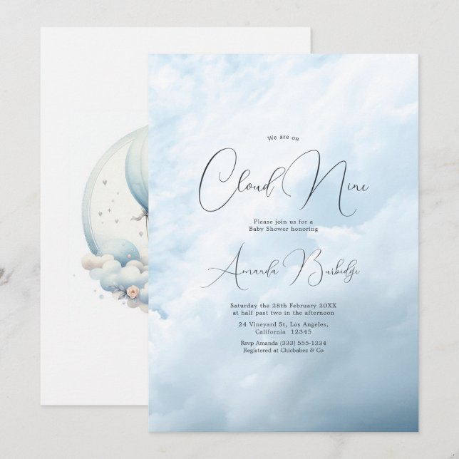 Invitation Baby Shower Nuage Rêveur 9 (Devant / Derrière)