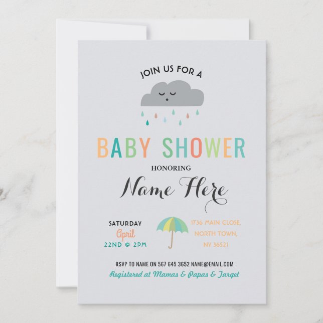 Invitation Baby shower Nuage Saupoudrer Parapluie révélation  (Devant)
