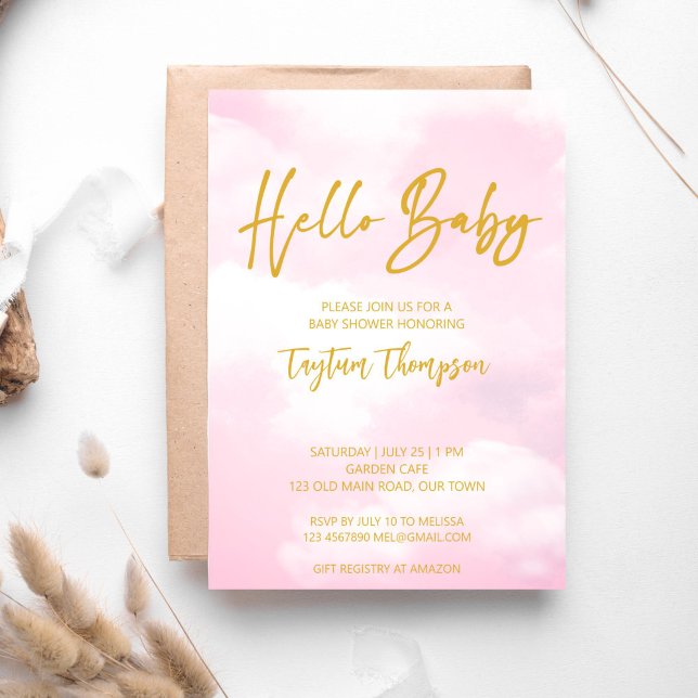 Invitation Baby shower nuageux rose et or (Cloud baby shower pink and gold hello baby invitation template instant download)