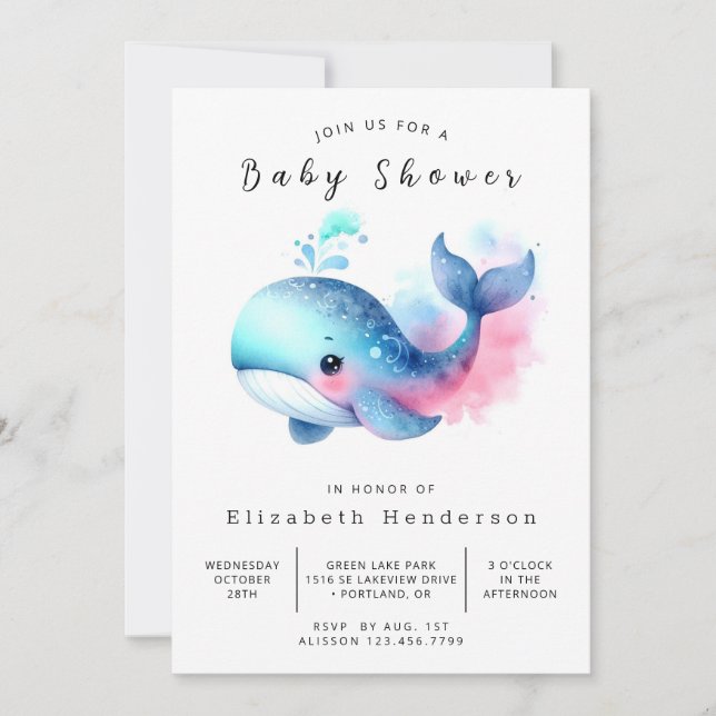 Invitation Baby shower numérique chic pour baleines (Devant)