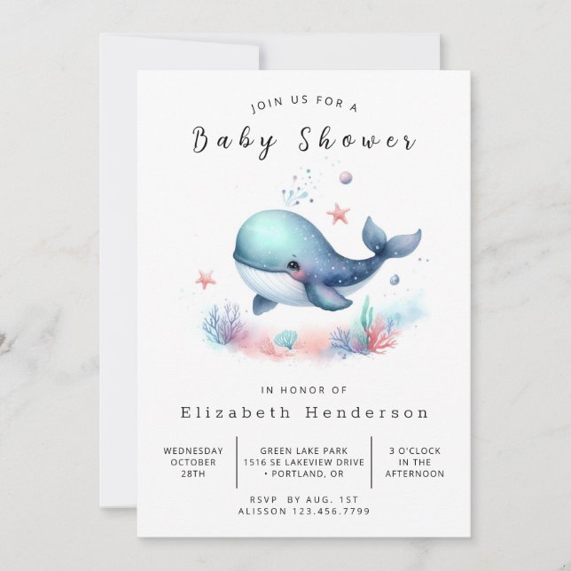 Invitation Baby shower numérique chic pour baleines (Devant)