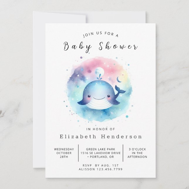 Invitation Baby shower numérique chic pour baleines (Devant)