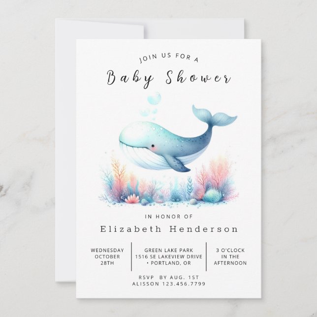 Invitation Baby shower numérique nautique baleine (Devant)