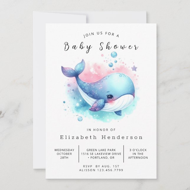 Invitation Baby shower numérique simple pour baleines (Devant)