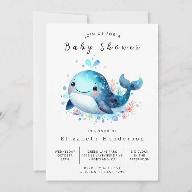 Invitation Baby shower numérique simple pour baleines (Devant)