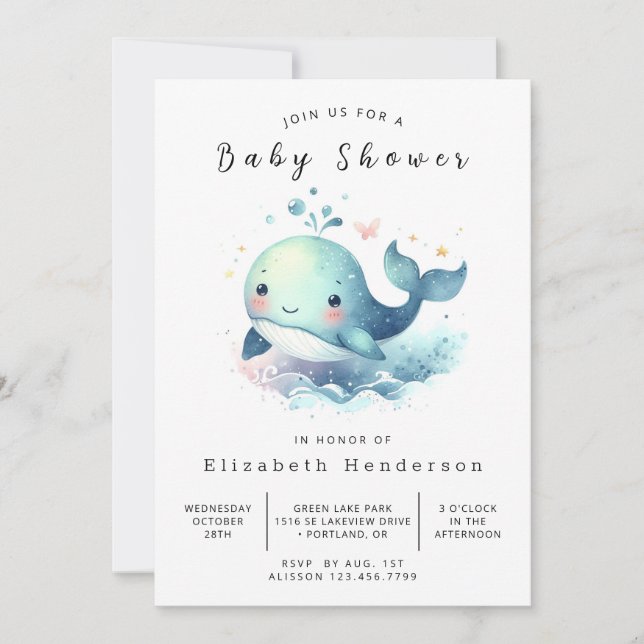 Invitation Baby shower numérique simple pour baleines (Devant)