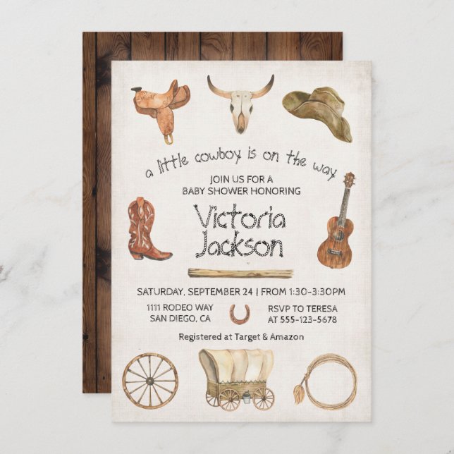 Invitation Baby shower occidental rustique Cowboy (Devant / Derrière)