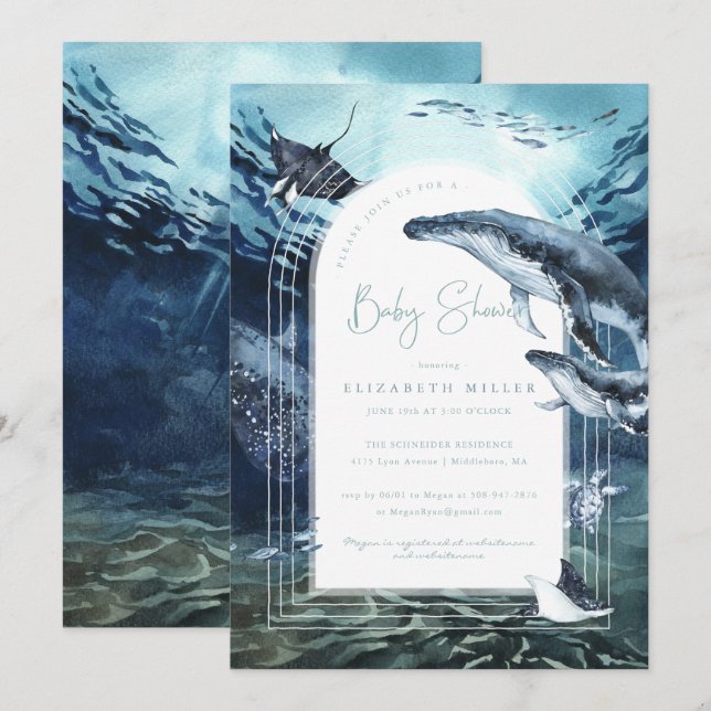 Invitation Baby shower océanique de baleine à boss (Devant / Derrière)