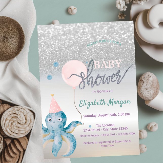 Invitation Baby shower Octopus Balloon Argent Bokeh (Créateur téléchargé)