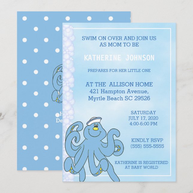 Invitation Baby shower octopus bleu mou (Devant / Derrière)