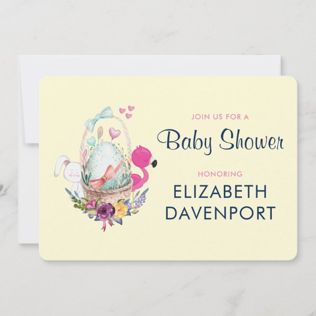 Invitation Baby shower OEuf nid avec Flamant rose et lapin (Devant)